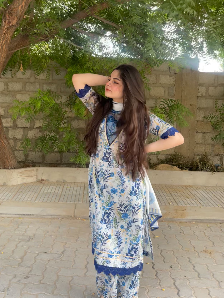 3 Piece - Pure Lawn Printed Shirt + Plazzo + Dupatta INU-222