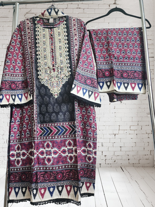 3 Piece - Embroidered ajrak design suit INU-309