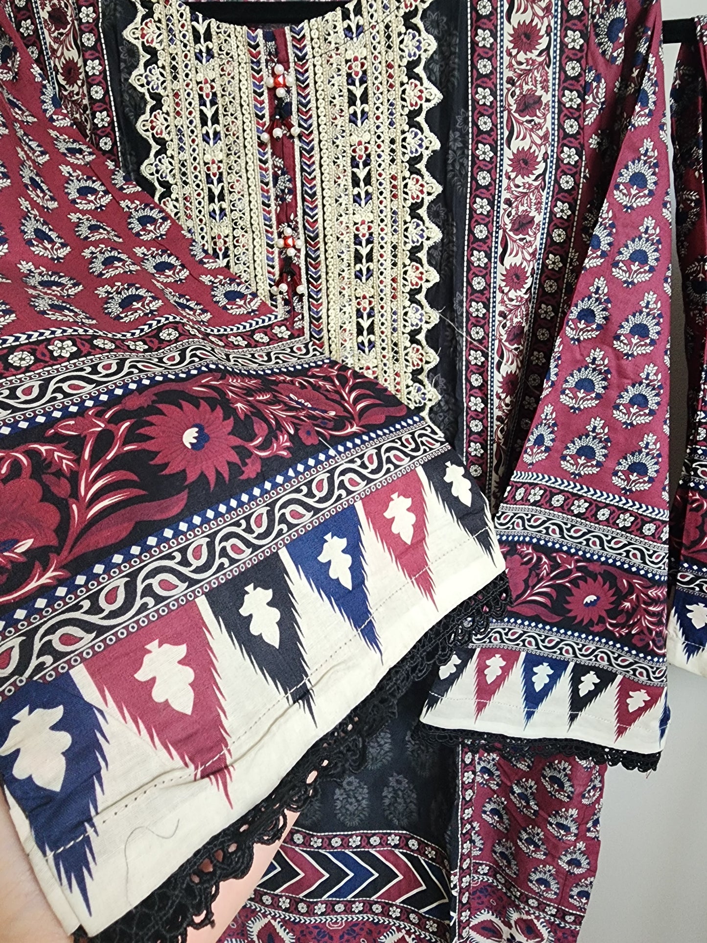 3 Piece - Embroidered ajrak design suit INU-309