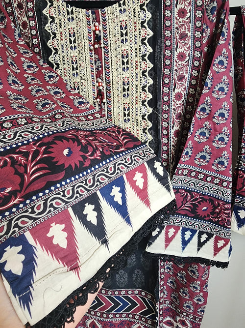 3 Piece - Embroidered ajrak design suit INU-309