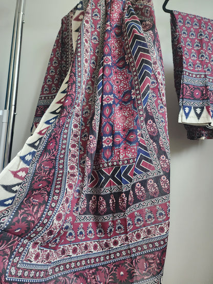3 Piece - Embroidered ajrak design suit INU-309