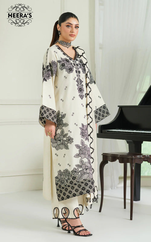 3 Piece - Heera's Embroidered Cotton With Chiffon Dupatta INP-243
