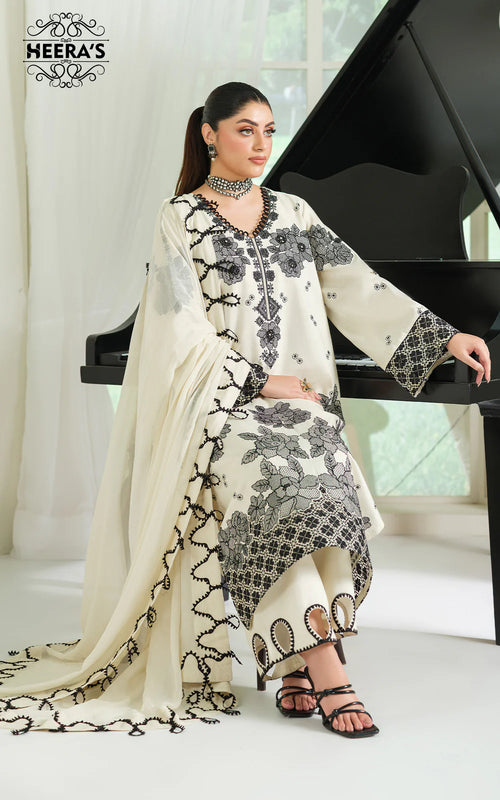 3 Piece - Heera's Embroidered Cotton With Chiffon Dupatta INP-243