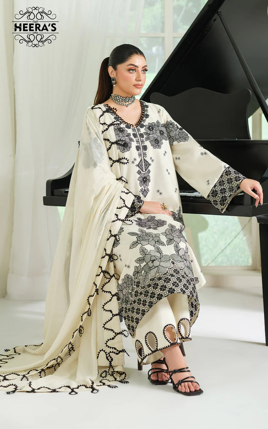 3 Piece - Heera's Embroidered Cotton With Chiffon Dupatta INP-243