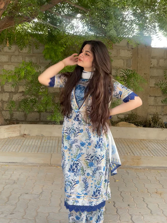 3 Piece - Pure Lawn Printed Shirt + Plazzo + Dupatta INU-222