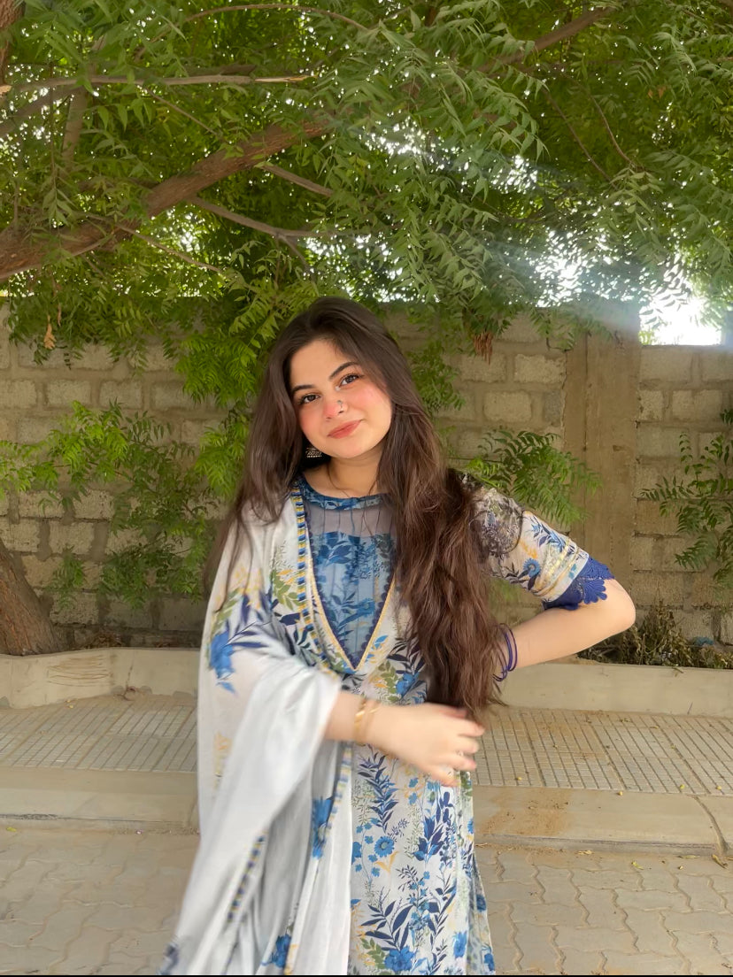 3 Piece - Pure Lawn Printed Shirt + Plazzo + Dupatta INU-222