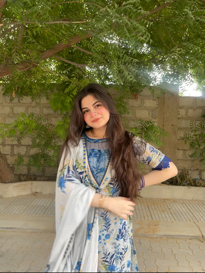 3 Piece - Pure Lawn Printed Shirt + Plazzo + Dupatta INU-222