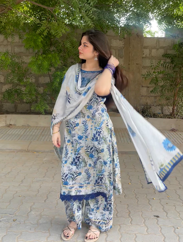 3 Piece - Pure Lawn Printed Shirt + Plazzo + Dupatta INU-222