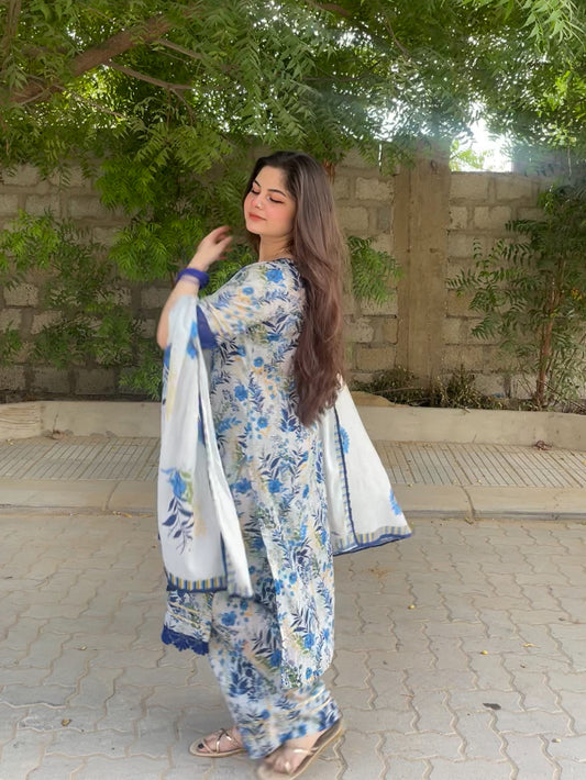 3 Piece - Pure Lawn Printed Shirt + Plazzo + Dupatta INU-222