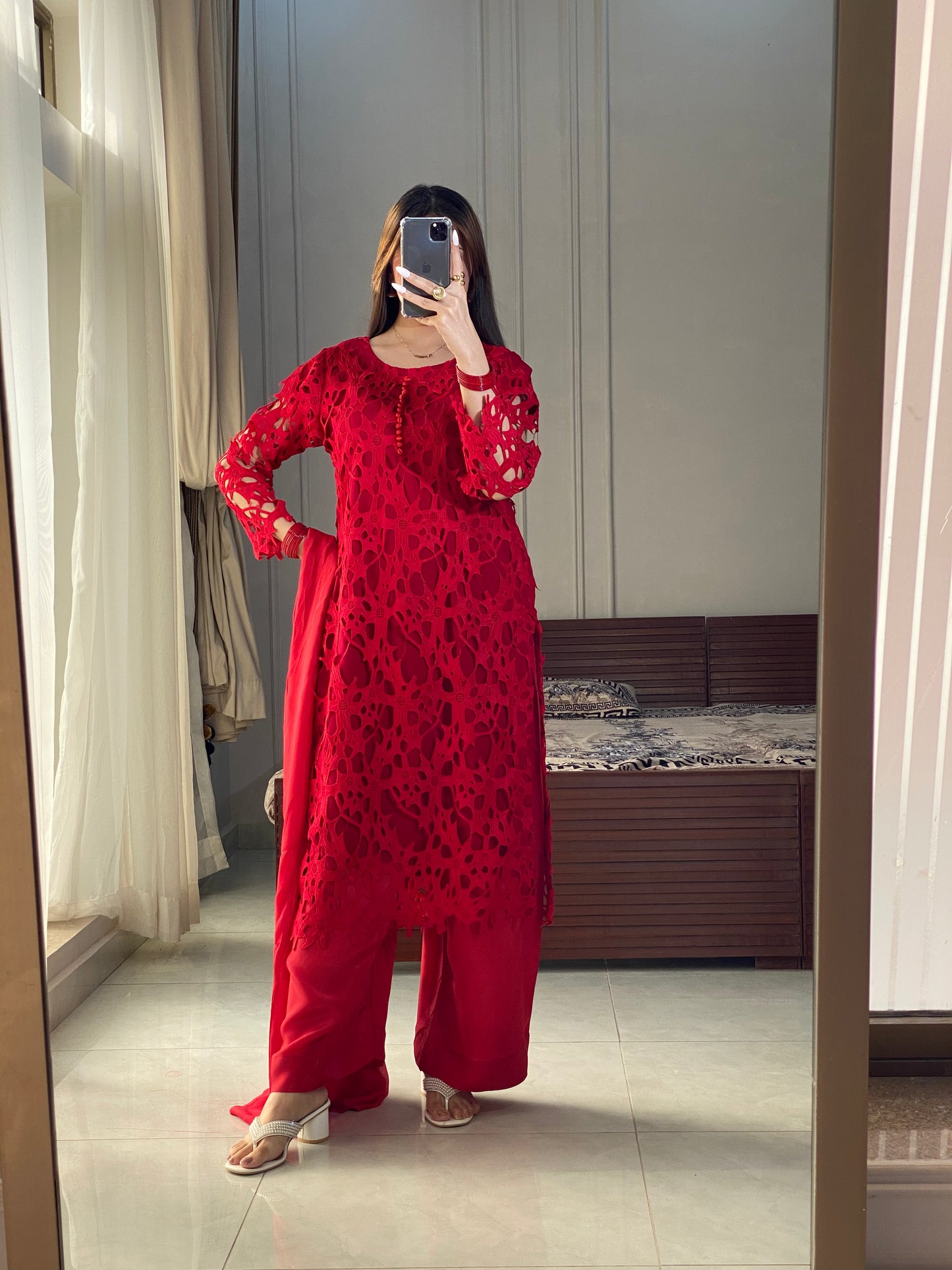 3 Piece - Crochet shirt with Silk Plazzo and Dupatta INP-229