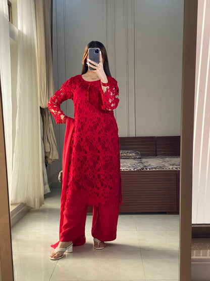 3 Piece - Crochet shirt with Silk Plazzo and Dupatta INP-229