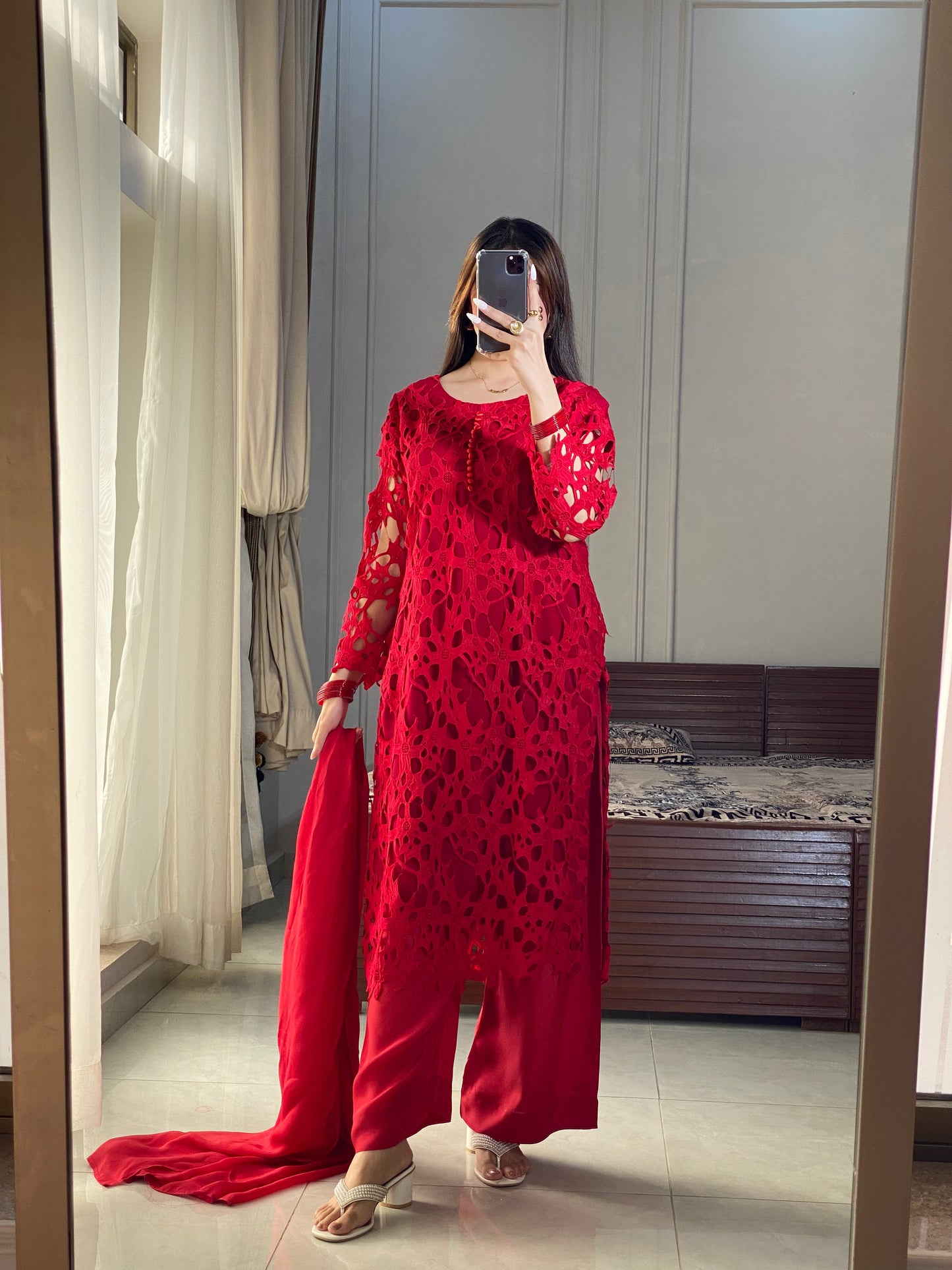 3 Piece - Crochet shirt with Silk Plazzo and Dupatta INP-229