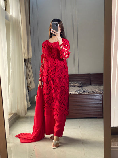 3 Piece - Crochet shirt with Silk Plazzo and Dupatta INP-229