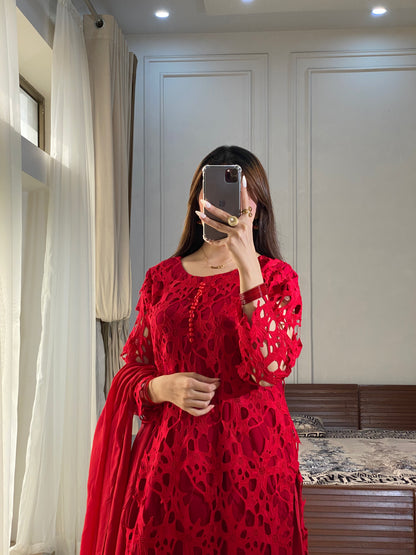 3 Piece - Crochet shirt with Silk Plazzo and Dupatta INP-229