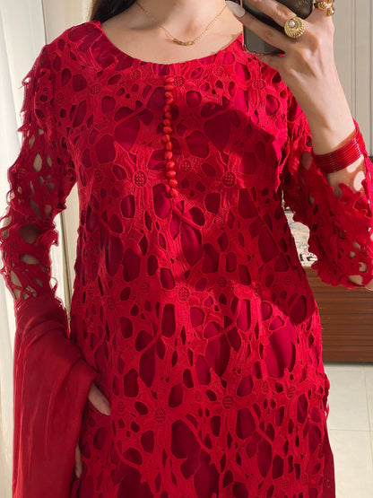 3 Piece - Crochet shirt with Silk Plazzo and Dupatta INP-229