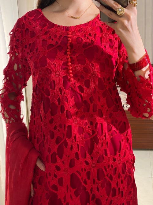 3 Piece - Crochet shirt with Silk Plazzo and Dupatta INP-229