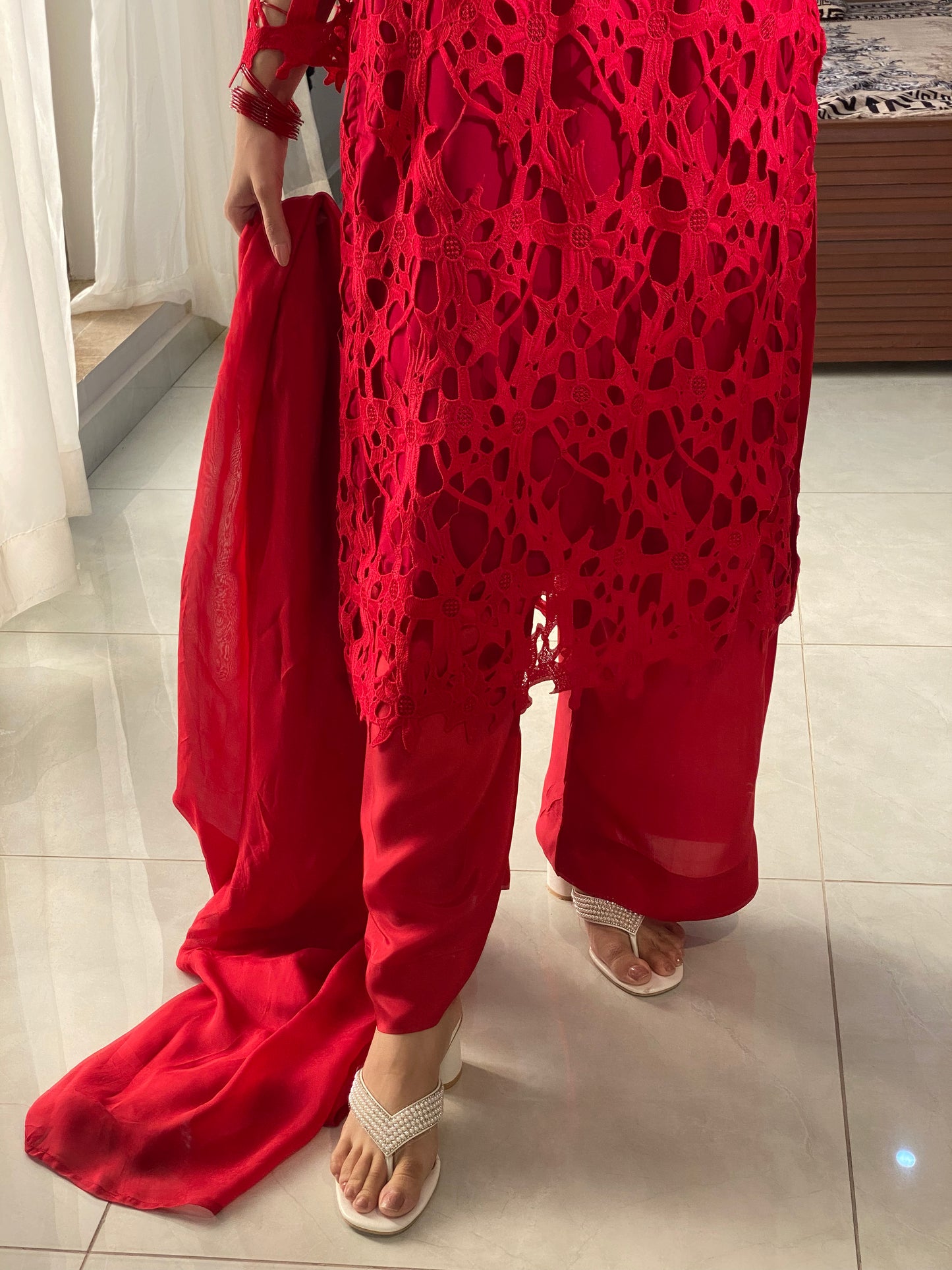 3 Piece - Crochet shirt with Silk Plazzo and Dupatta INP-229