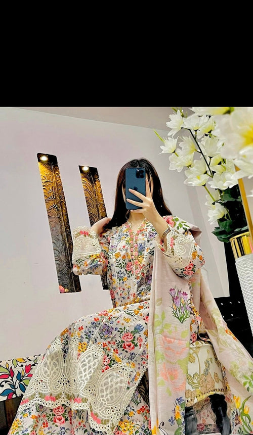 3 Piece - Chickenkari Embroidered Cutwork suit INU-312