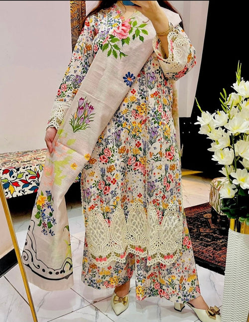 3 Piece - Chickenkari Embroidered Cutwork suit INU-312