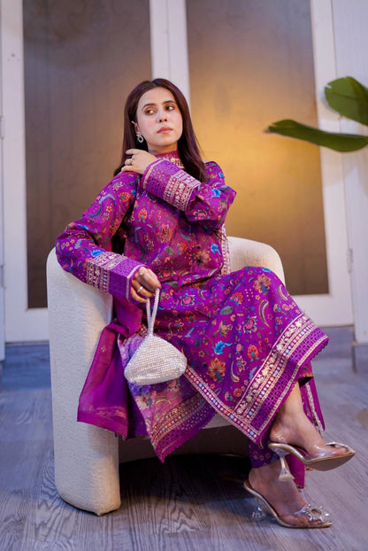 3 Piece - Cotton Embroidered Suit With Chiffon Embroidered Dupatta INU-313