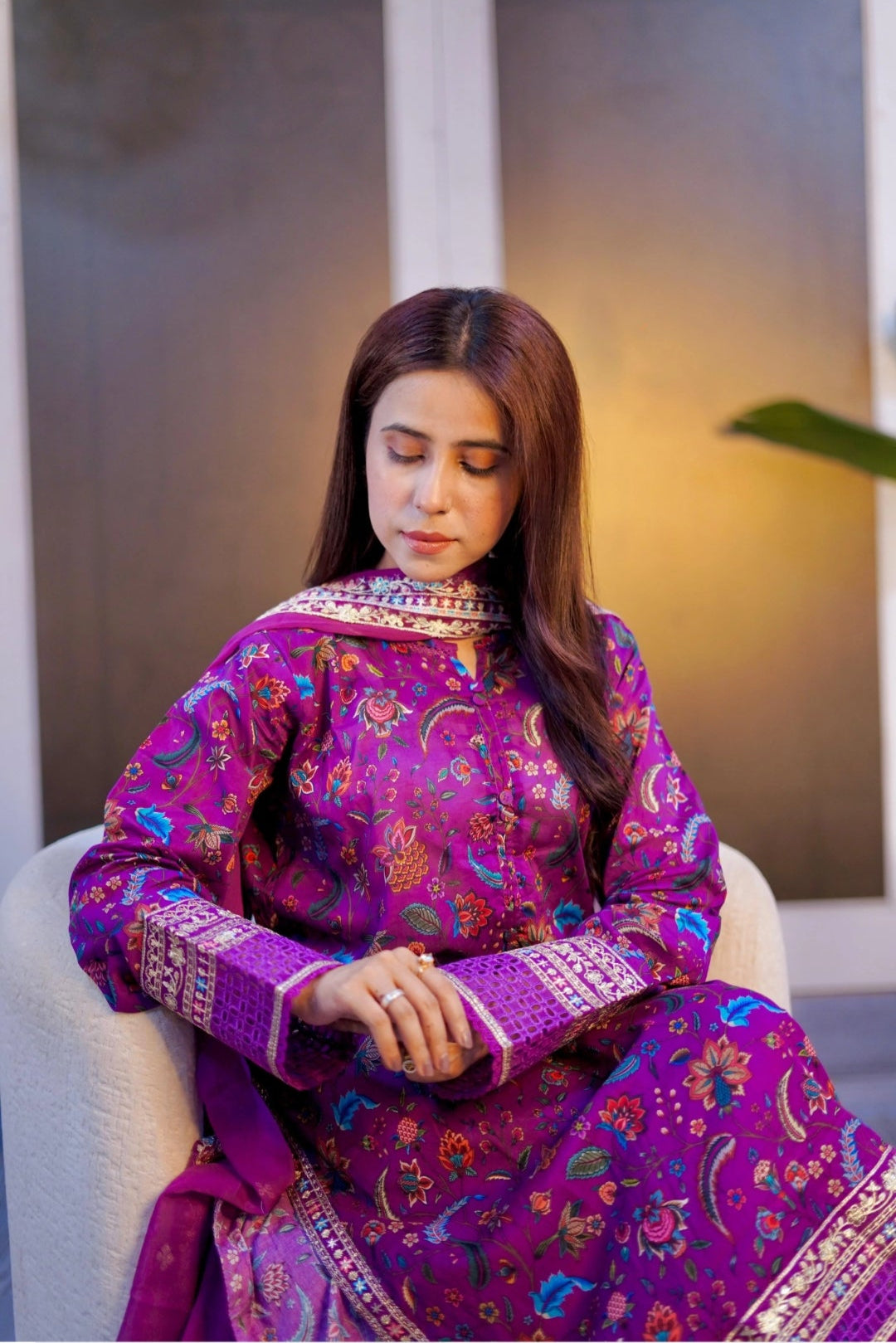 3 Piece - Cotton Embroidered Suit With Chiffon Embroidered Dupatta INU-313