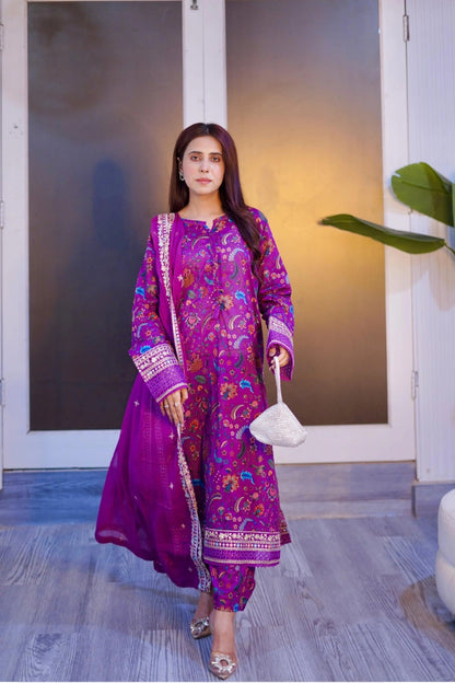 3 Piece - Cotton Embroidered Suit With Chiffon Embroidered Dupatta INU-313