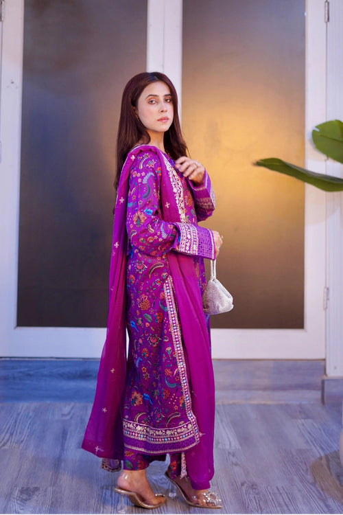 3 Piece - Cotton Embroidered Suit With Chiffon Embroidered Dupatta INU-313