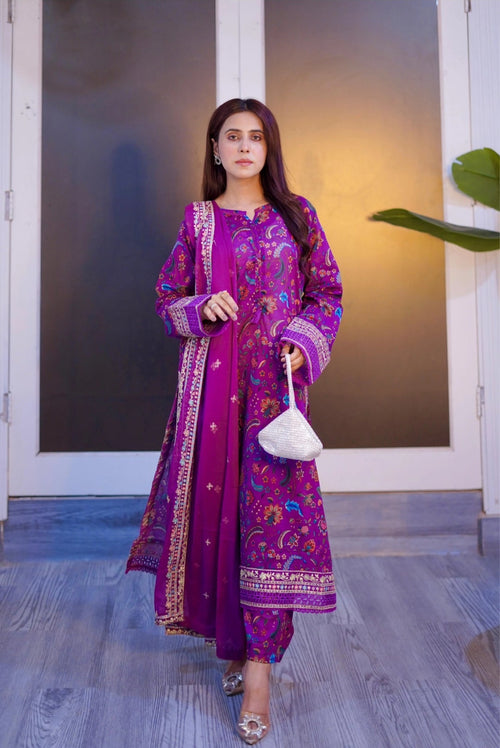 3 Piece - Cotton Embroidered Suit With Chiffon Embroidered Dupatta INU-313
