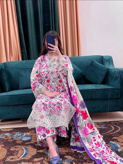 3 Piece - Embroidered Lawn suit with lawn dupatta INP-209
