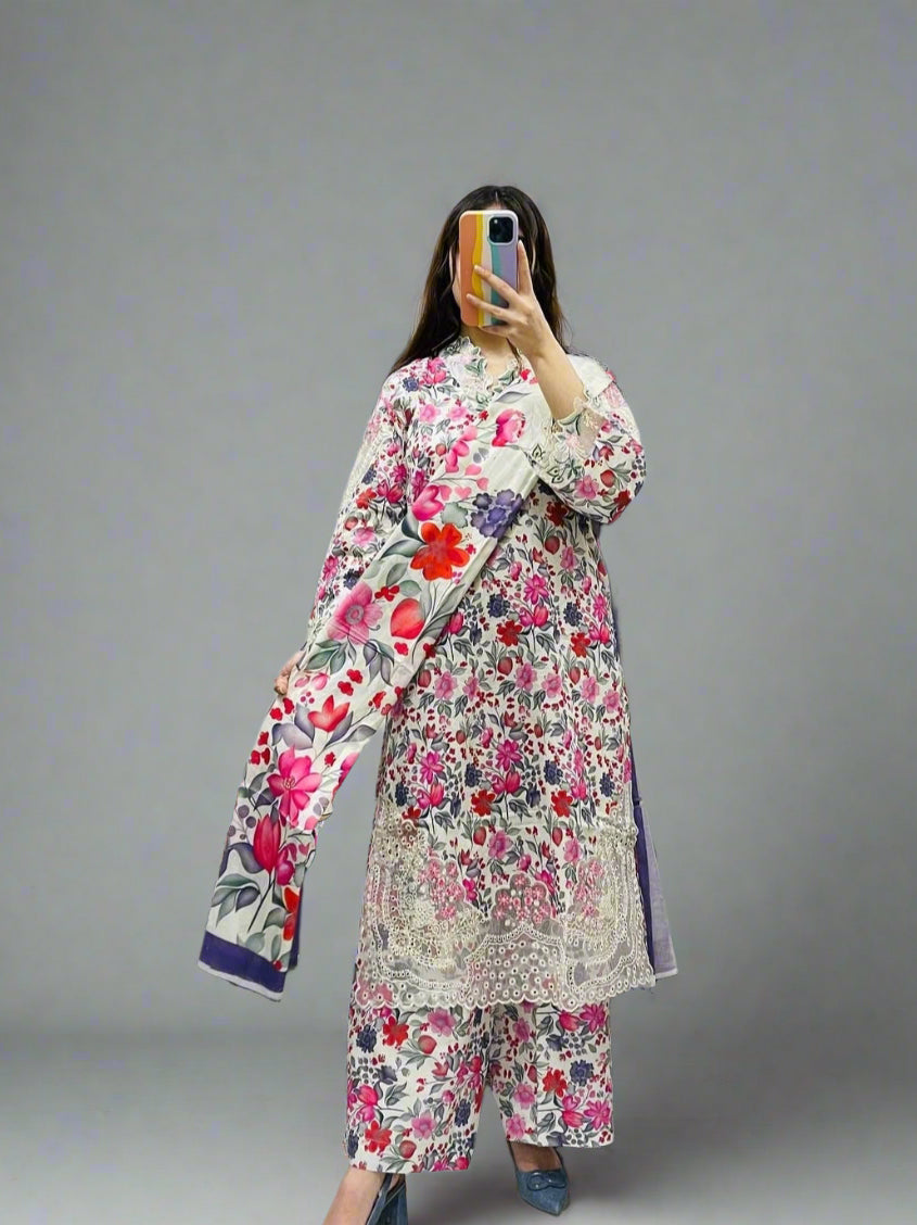 3 Piece - Embroidered Lawn suit with lawn dupatta INP-209
