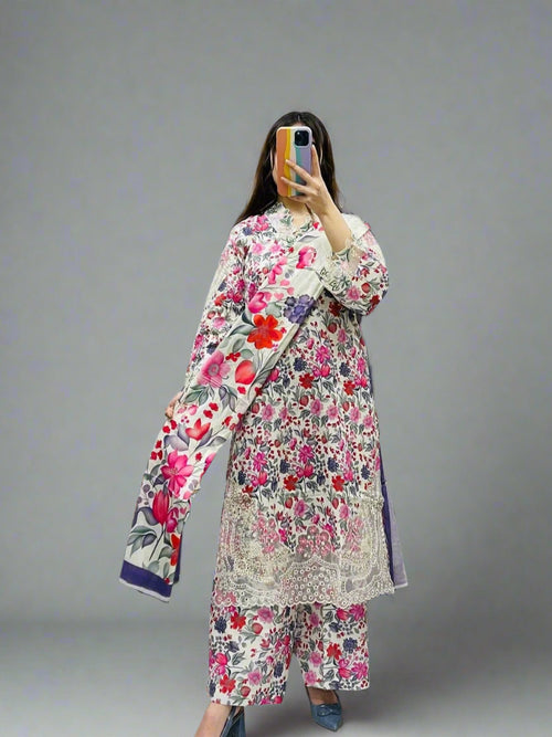3 Piece - Embroidered Lawn suit with lawn dupatta INP-209