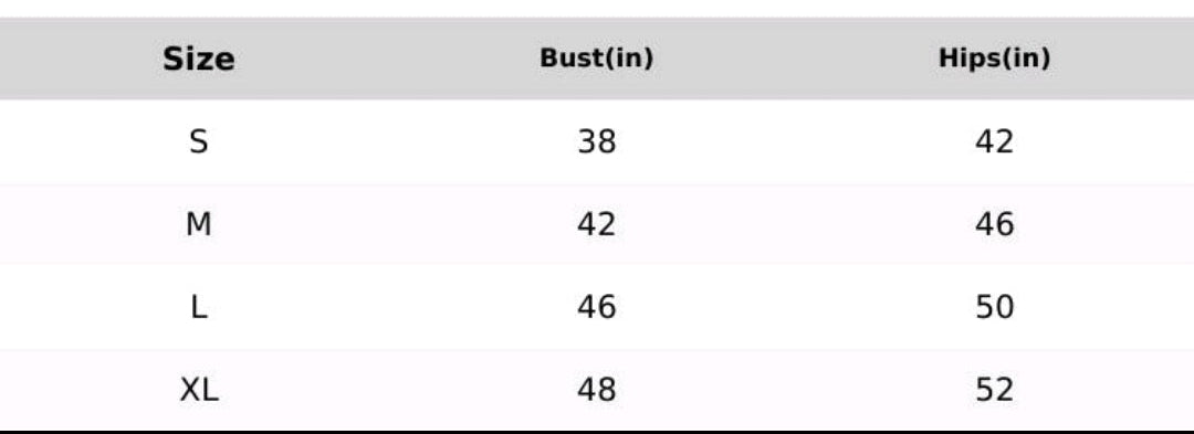 Size chart for clothing with measurements in inches