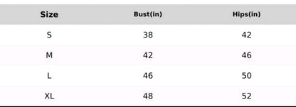 Size chart for clothing with measurements in inches