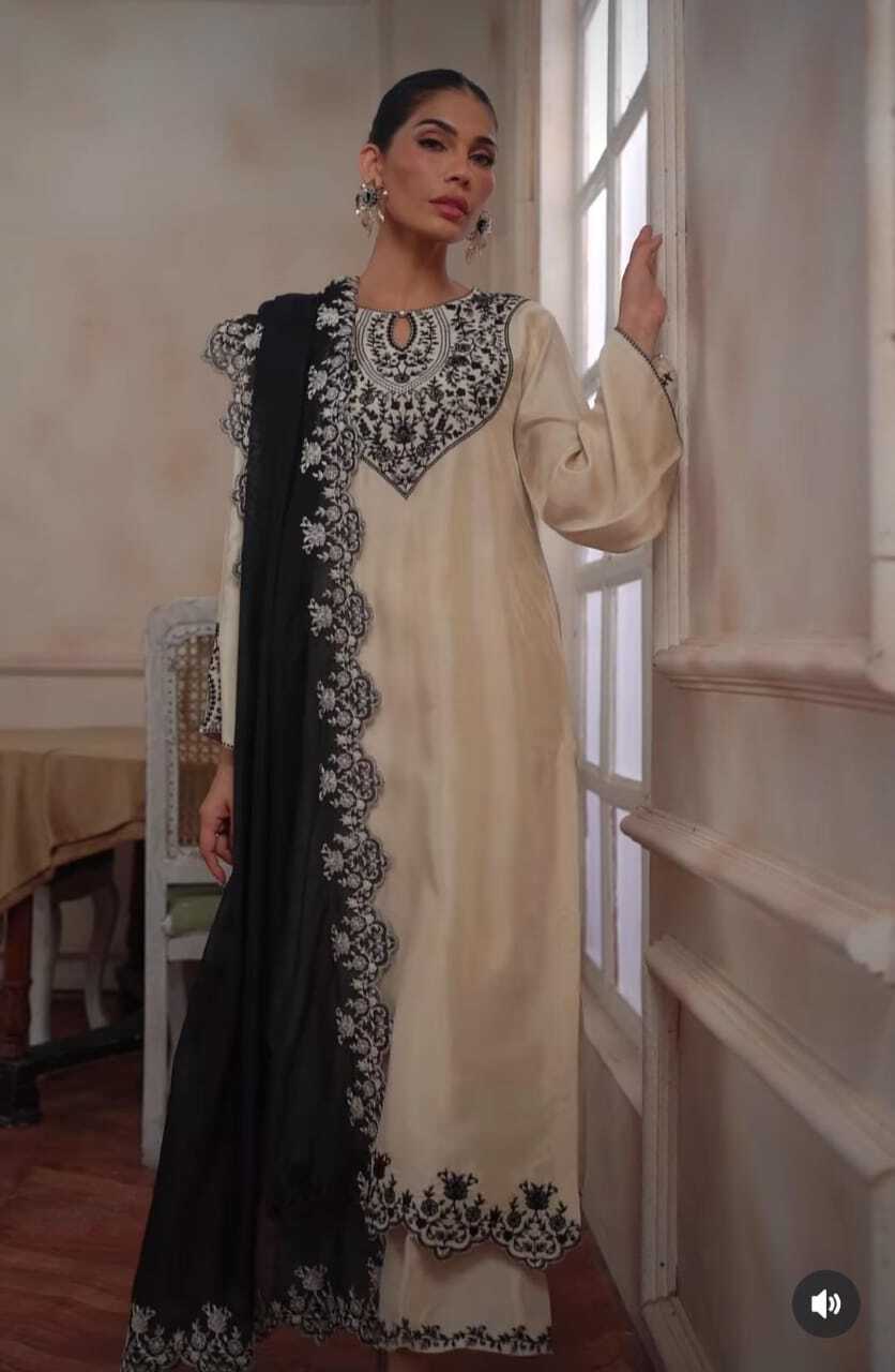 3 Piece - Emroidered raw silk with khaddi net dupatta