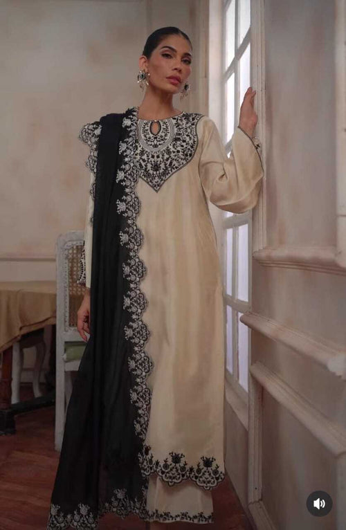 3 Piece - Emroidered raw silk with khaddi net dupatta