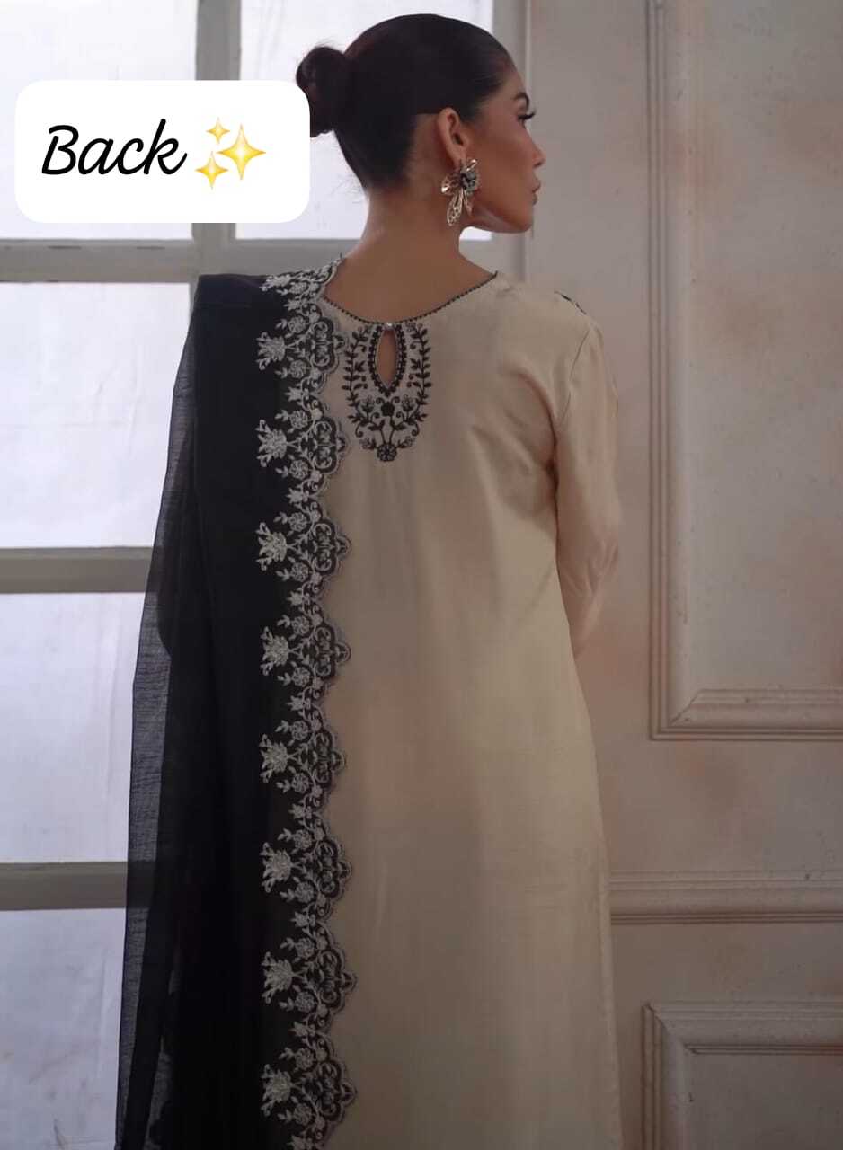 3 Piece - Emroidered raw silk with khaddi net dupatta