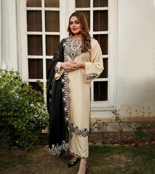 3 Piece - Emroidered raw silk with khaddi net dupatta