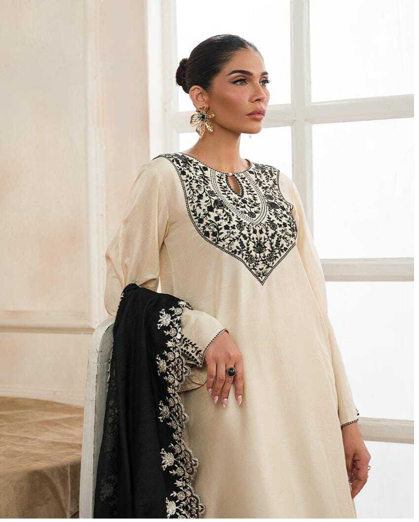 3 Piece - Emroidered raw silk with khaddi net dupatta