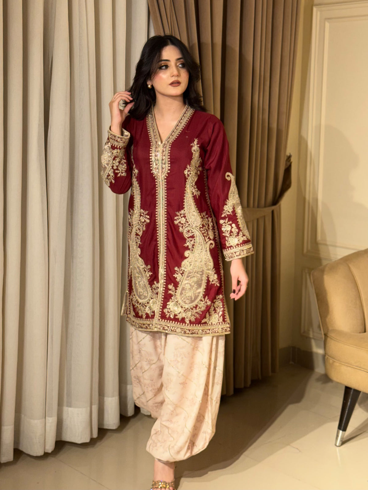 2 Piece - Pure Viscose Embroidered Shirt with Balloon pants INP-295