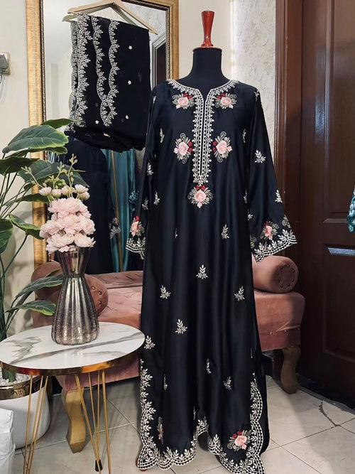 3 Piece - Silk Kaftan Shirt + Dupatta + Trouser INP-249