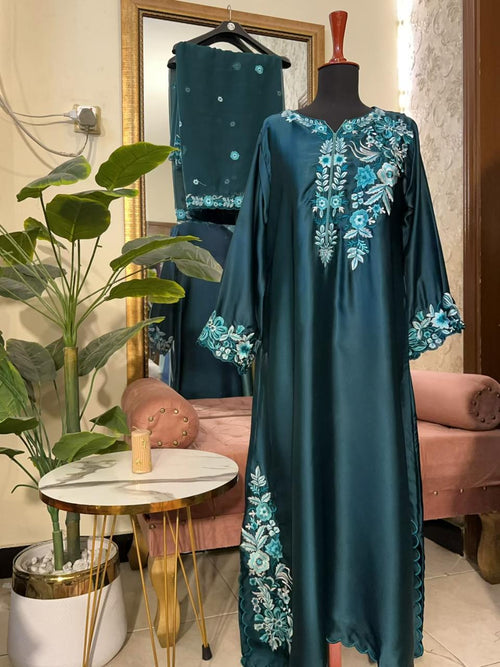 3 Piece - Silk Kaftan Shirt + Dupatta + Trouser INP-247