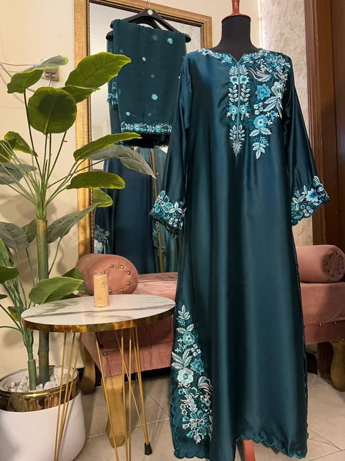 3 Piece - Silk Kaftan Shirt + Dupatta + Trouser INP-247