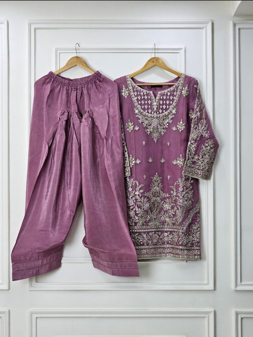 3 Piece - Organza suit with raw silk farshi shalwar INU-307