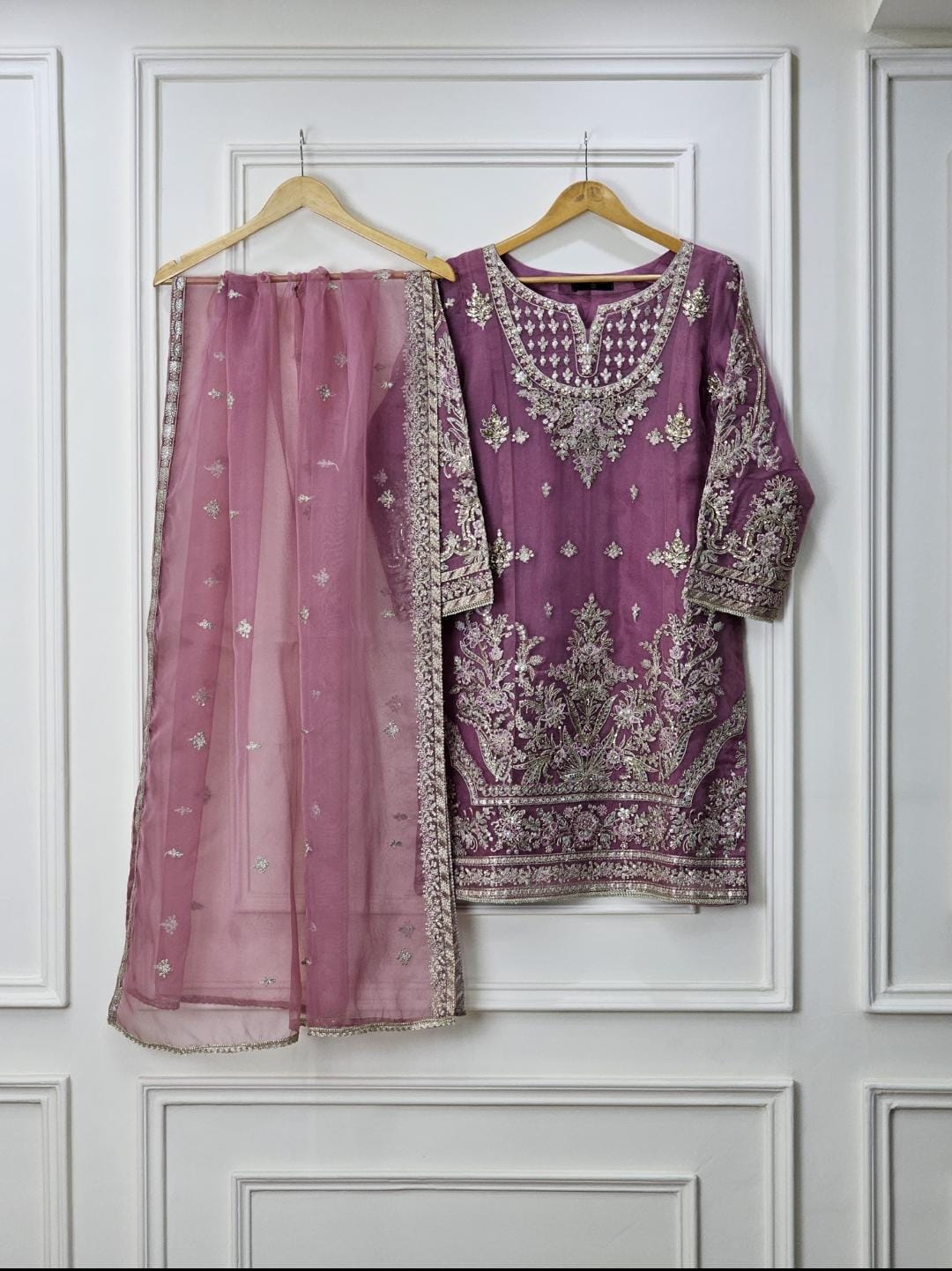 3 Piece - Organza suit with raw silk farshi shalwar INU-307