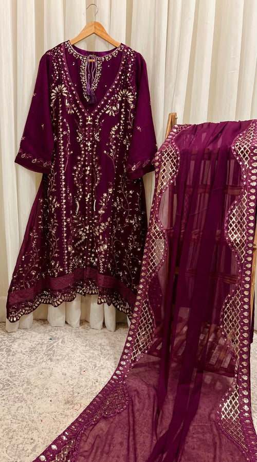 3 Piece - Chiffon embroidered suit with handwork INU-308