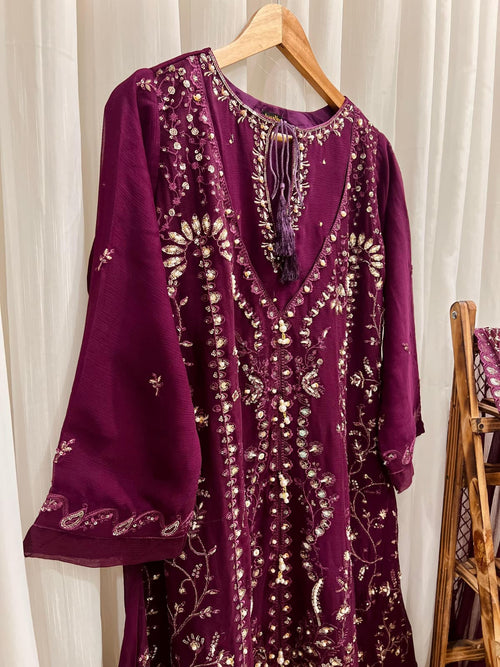 3 Piece - Chiffon embroidered suit with handwork INU-308
