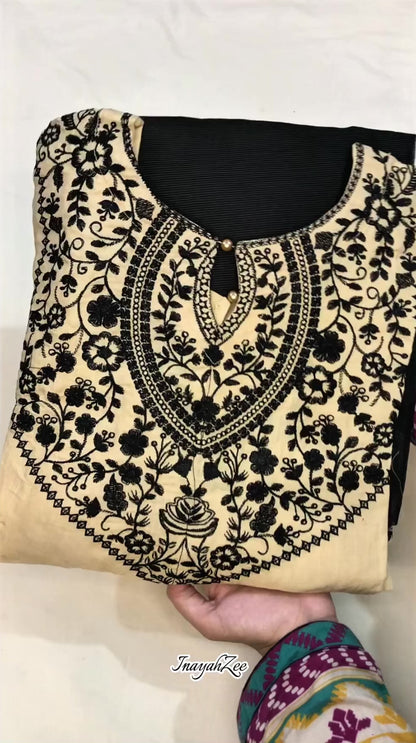 3 Piece - Emroidered raw silk with khaddi net dupatta